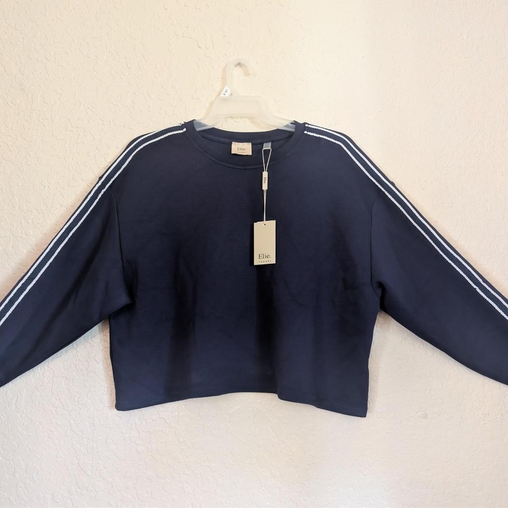 Elie Tahari Navy Blue Sweatshirt Stripe Sleeve Border Pullover XL EH425028